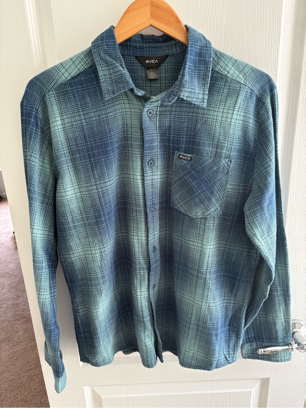 RVCA Men’s Teal and Navy Plaid Button-Down Shirt